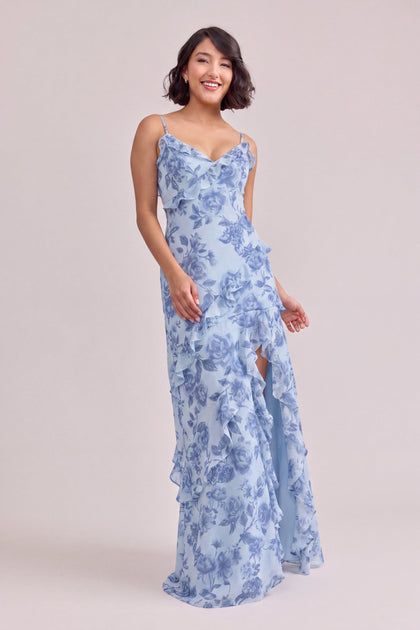Jules Chiffon Floral Print Dress | Sky Blue Garden