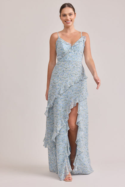 Jules Chiffon Floral Print Dress | Made To Order | Sky Blue Multi Posey