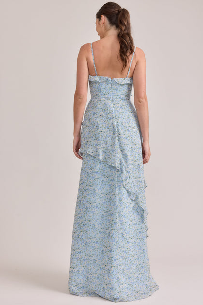 Jules Chiffon Floral Print Dress | Made To Order | Sky Blue Multi Posey