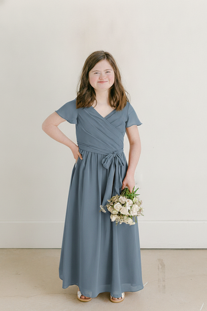 Juniors Harper Chiffon Faux Wrap Dress | Made To Order | Dusty Blue