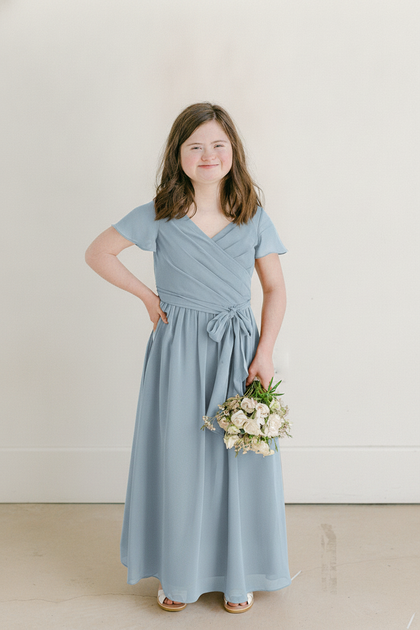 Juniors Harper Chiffon Faux Wrap Dress | Made To Order | Light Blue