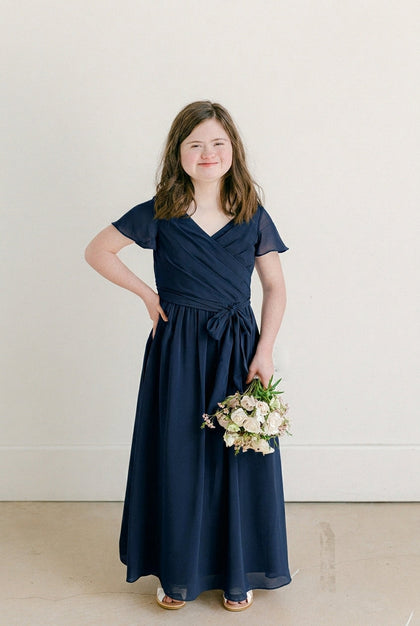 Juniors Harper Chiffon Faux Wrap Dress | Made To Order | Navy Blue