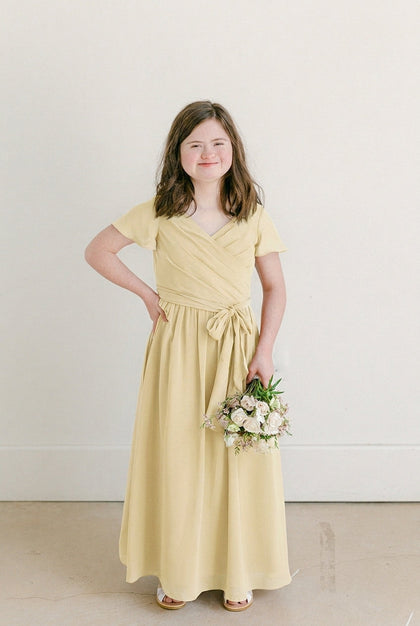 Juniors Harper Chiffon Faux Wrap Dress | Made To Order | Pale Yellow