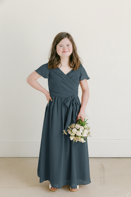 Juniors Harper Chiffon Faux Wrap Dress | Made To Order | Romantic Blue