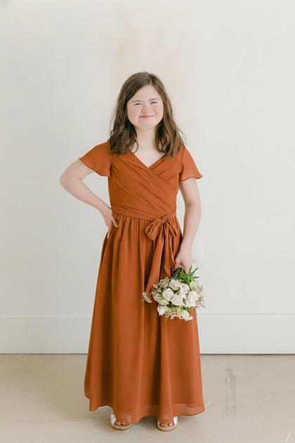 Juniors Harper Chiffon Faux Wrap Dress | Made To Order | Rust Orange