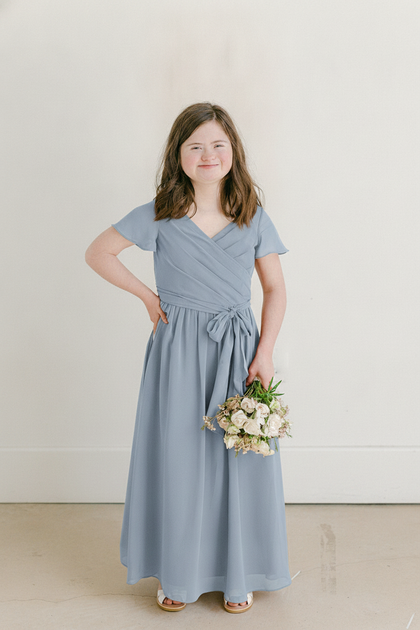 Juniors Harper Chiffon Faux Wrap Dress | Made To Order | Sky Blue