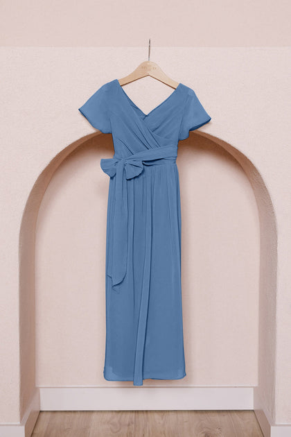 Kids Harper Chiffon Faux Wrap Dress | Made To Order | Dusty Blue