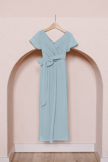 Juniors Harper Chiffon Faux Wrap Dress | Made To Order | Light Blue