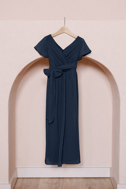 Juniors Harper Chiffon Faux Wrap Dress | Made To Order | Navy Blue