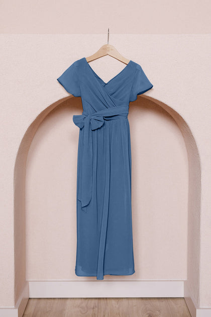 Juniors Harper Chiffon Faux Wrap Dress | Made To Order | Romantic Blue