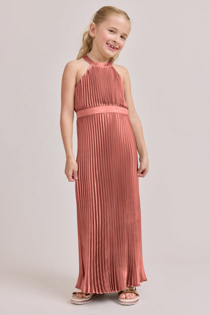 Juniors Mazie Satin Pleated Dress | Made To Order | Desert Rose