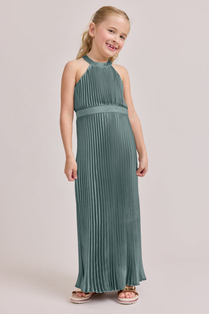 Juniors Mazie Satin Pleated Dress | Made To Order | Eucalyptus