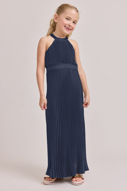 Juniors Mazie Satin Pleated Dress | Made To Order | Navy Blue