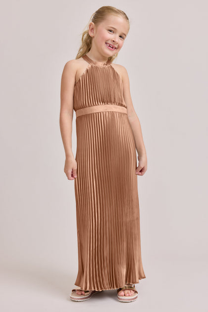 Juniors Mazie Satin Pleated Dress | Made To Order | Toffee