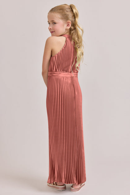 Juniors Mazie Satin Pleated Dress | Made To Order | Desert Rose