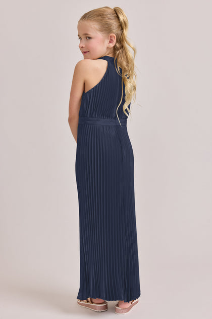 Juniors Mazie Satin Pleated Dress | Made To Order | Navy Blue