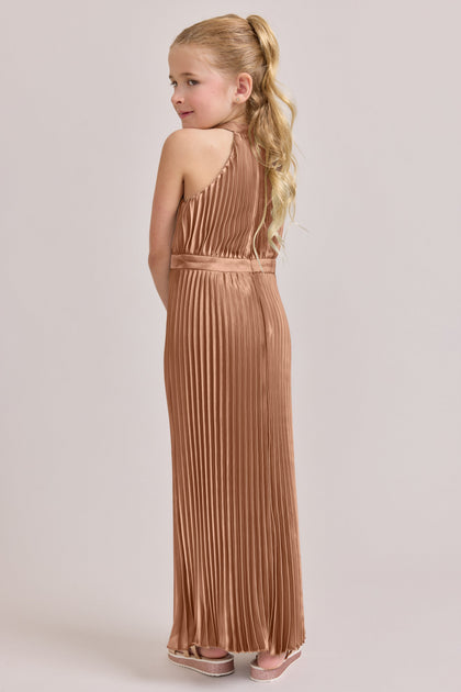 Juniors Mazie Satin Pleated Dress | Made To Order | Toffee