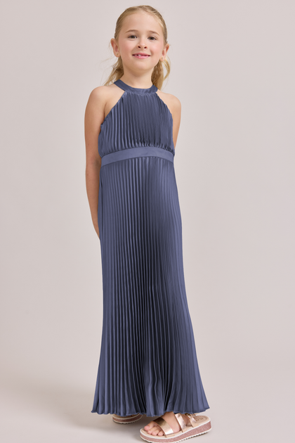 Juniors Mazie Satin Pleated Dress | Made To Order | Indie Blue
