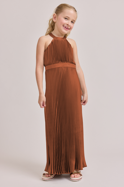 Juniors Mazie Satin Pleated Dress | Made To Order | Rust