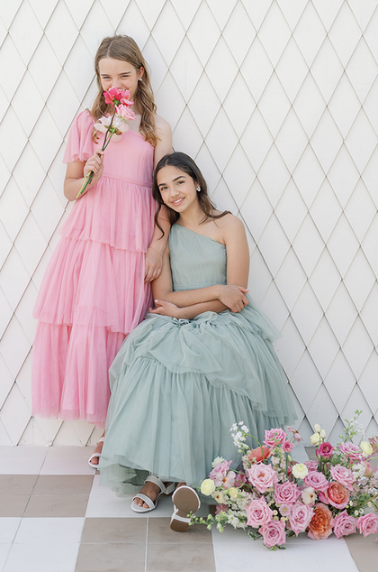 Model on the Left: Elise; Size: J12; Color: Rosette | Model on the Right: Sianah; Size: J12; Color: Sage