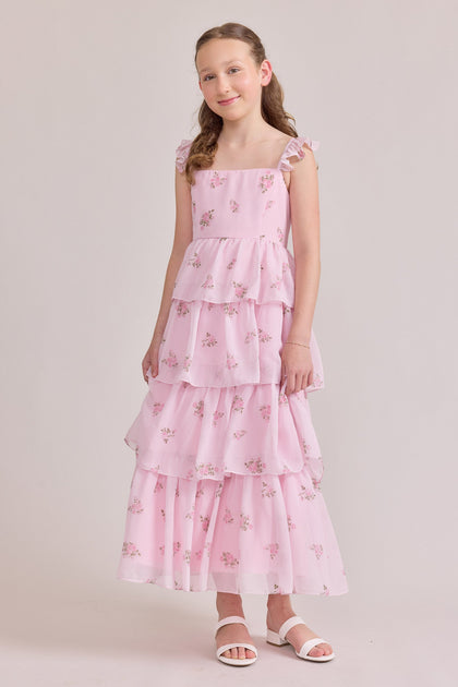 Juniors Poppy Chiffon Floral Print Dress | Made To Order | Baby Pink Petit Rose