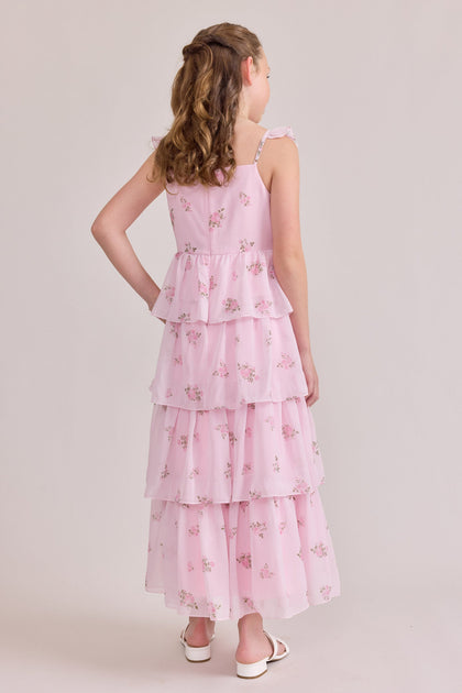 Juniors Poppy Chiffon Floral Print Dress | Made To Order | Baby Pink Petit Rose