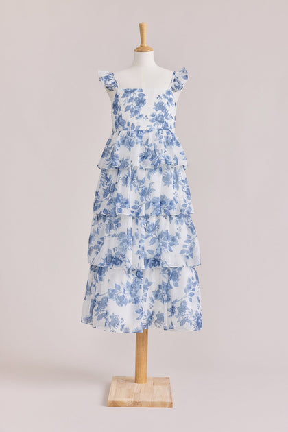 Juniors Poppy Chiffon Floral Print Dress | Made To Order | Dusty Blue Bouquet