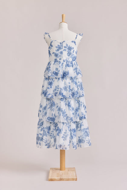 Juniors Poppy Chiffon Floral Print Dress | Made To Order | Dusty Blue Bouquet