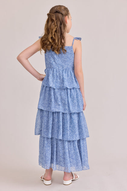 Juniors Poppy Chiffon Floral Print Dress | Made To Order | Dusty Blue Posey