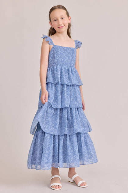 Juniors Poppy Chiffon Floral Print Dress | Made To Order | Dusty Blue Posey