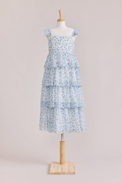 Juniors Poppy Chiffon Floral Print Dress | Made To Order | French Blue Posey