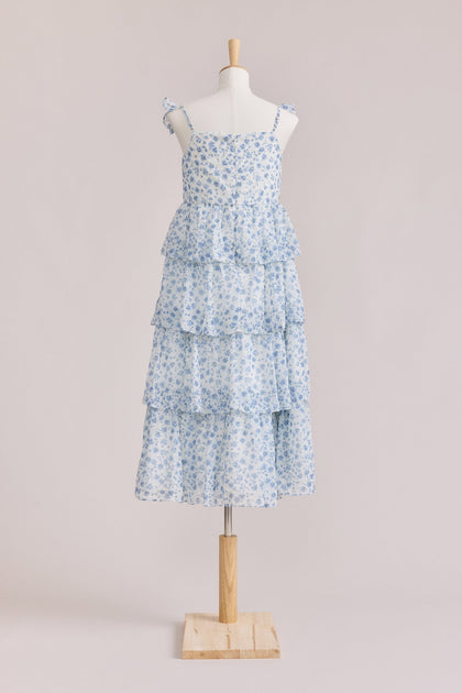 Juniors Poppy Chiffon Floral Print Dress | Made To Order | French Blue Posey