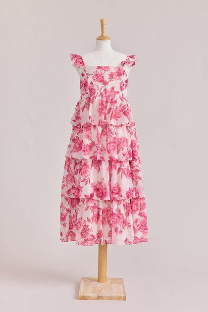 Juniors Poppy Chiffon Floral Print Dress | Made To Order | Hot Pink Garden