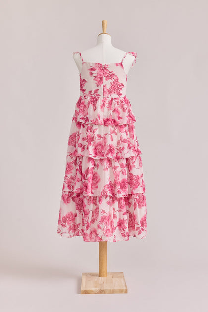 Juniors Poppy Chiffon Floral Print Dress | Made To Order | Hot Pink Garden