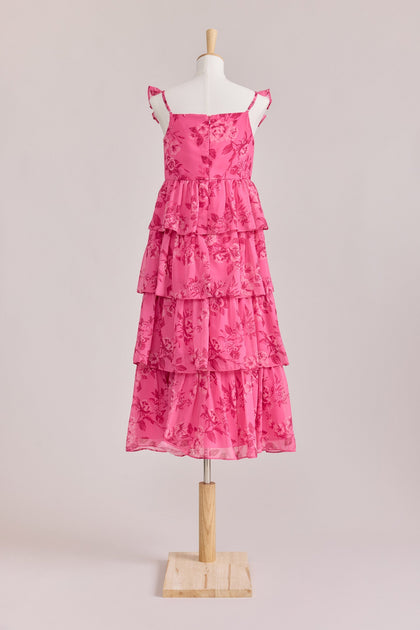 Juniors Poppy Chiffon Floral Print Dress | Made To Order | Malibu Pink Bouquet