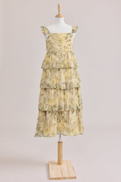 Juniors Poppy Chiffon Floral Print Dress | Made To Order | Pale Yellow Meadow Blooms