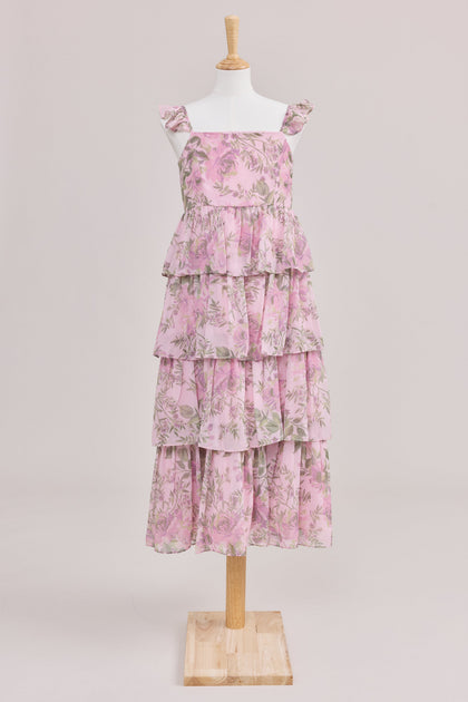 Juniors Poppy Chiffon Floral Print Dress | Made To Order | Perfect Pink Meadow Blooms
