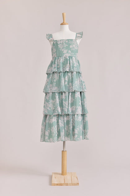 Juniors Poppy Chiffon Floral Print Dress | Made To Order | Sage and Champagne Bouquet