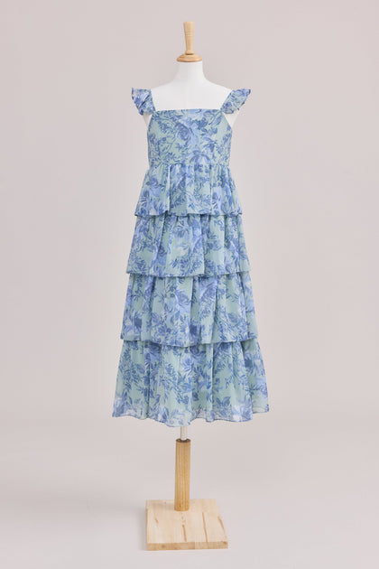 Juniors Poppy Chiffon Floral Print Dress | Made To Order | Sage and Sky Blue Meadow Blooms