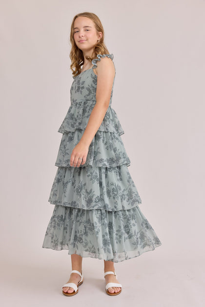 Juniors Poppy Chiffon Floral Print Dress | Made To Order | Sage Bouquet