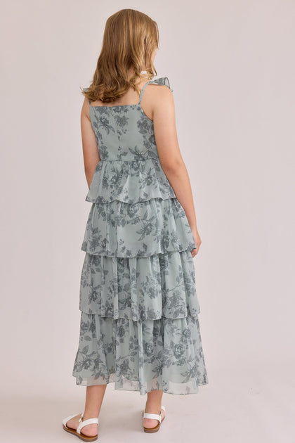 Juniors Poppy Chiffon Floral Print Dress | Made To Order | Sage Bouquet
