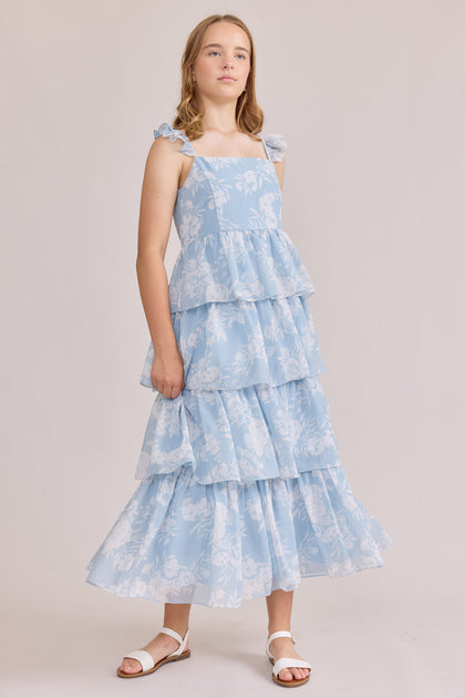 Juniors Poppy Chiffon Floral Print Dress | Made To Order | Sky Blue Bouquet