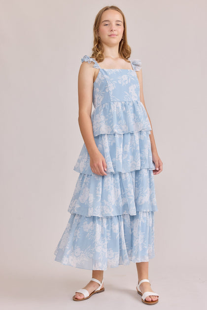 Juniors Poppy Chiffon Floral Print Dress | Made To Order | Sky Blue Bouquet