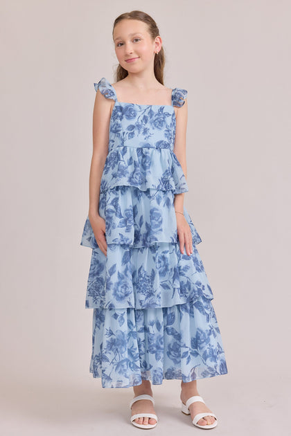 Juniors Poppy Chiffon Floral Print Dress | Made To Order | Sky Blue Garden