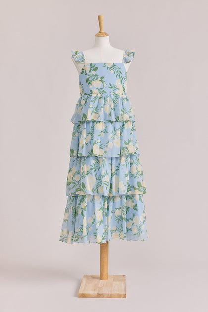Juniors Poppy Chiffon Floral Print Dress | Made To Order | Sky Blue Multi Bouquet
