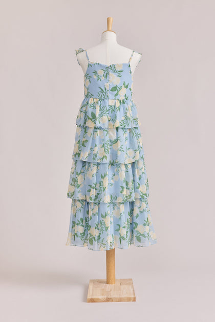 Juniors Poppy Chiffon Floral Print Dress | Made To Order | Sky Blue Multi Bouquet