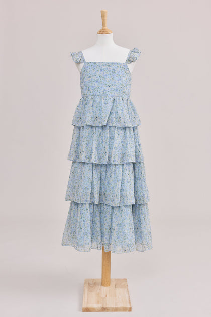 Juniors Poppy Chiffon Floral Print Dress | Made To Order | Sky Blue Multi Posey