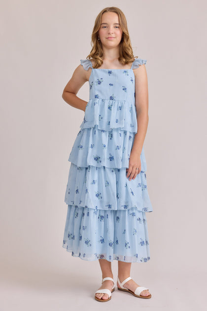 Juniors Poppy Chiffon Floral Print Dress | Made To Order | Sky Blue Petit Rose