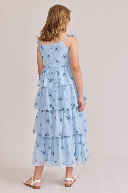 Juniors Poppy Chiffon Floral Print Dress | Made To Order | Sky Blue Petit Rose