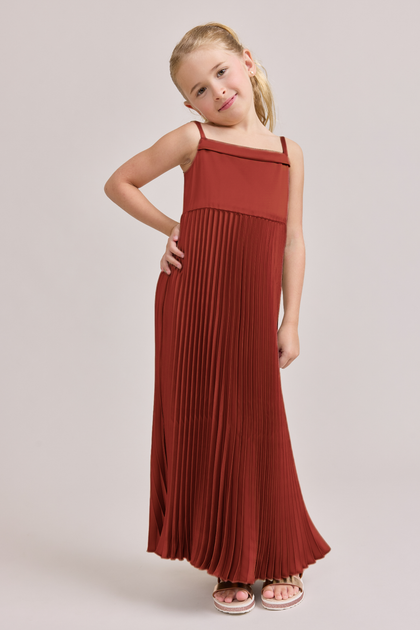 Juniors Saylor Satin Pleated Dress | Made To Order | Rust